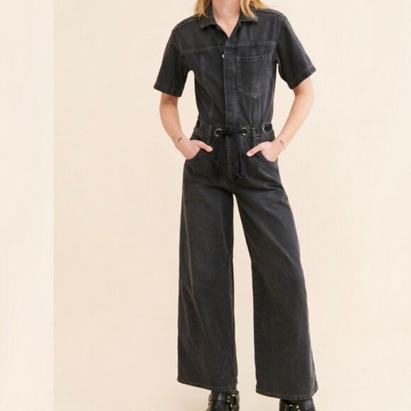 FREE POEPLE Edison Denim Black nightlite black Wide-Leg Coverall Size‎ S NWT